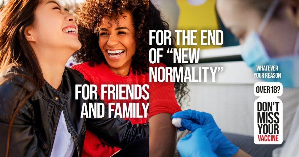 Campaign image of two friends and getting the Covid-19 vaccine